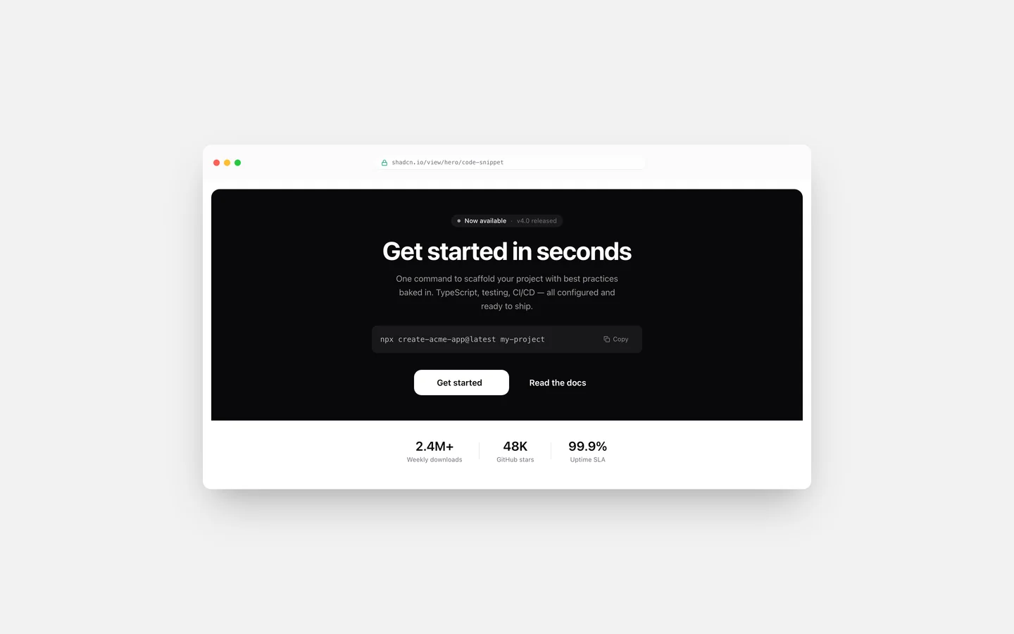 React Dark Centered Install Command Hero Block