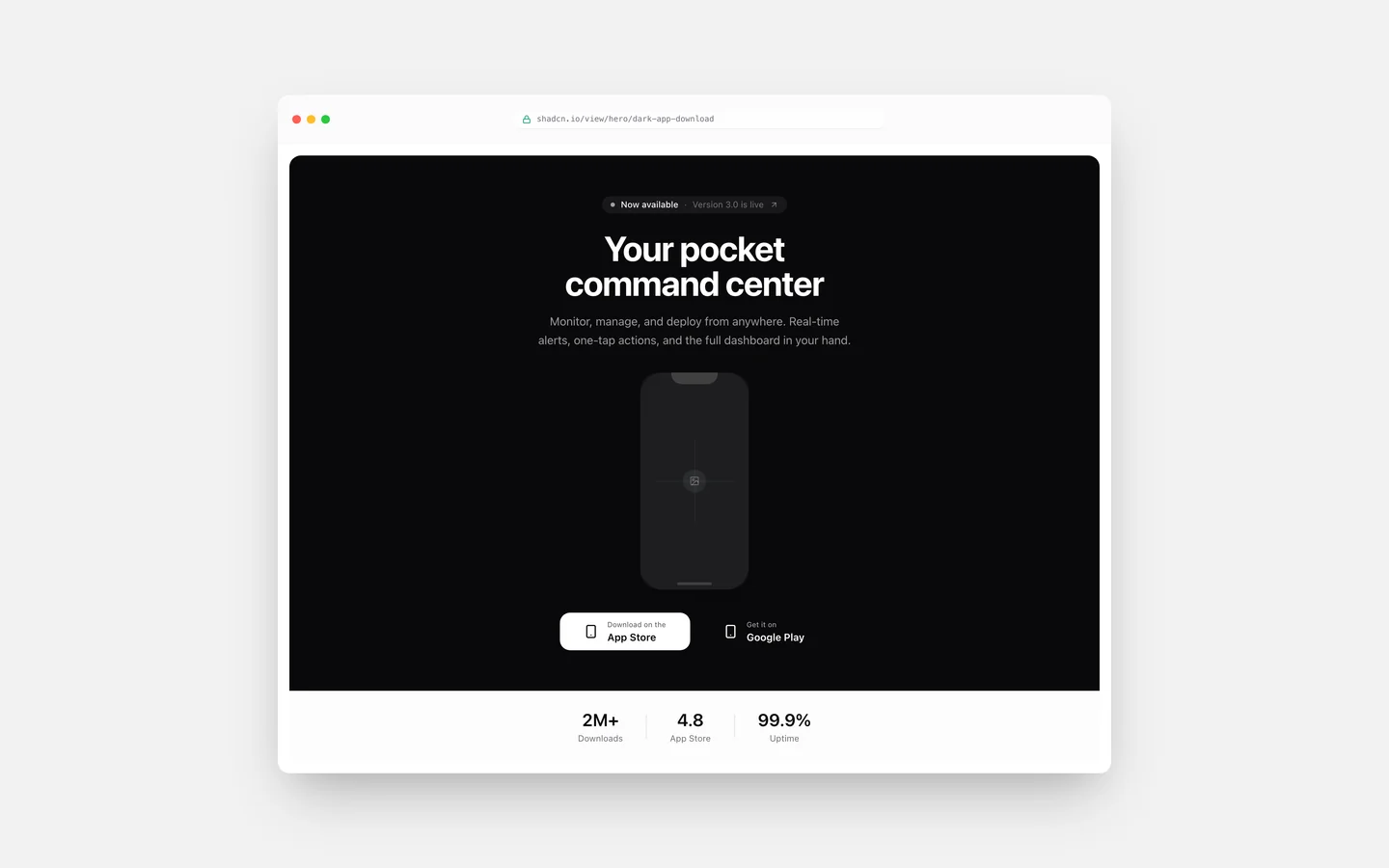 React Dark Centered Phone Frame Mockup Hero Block