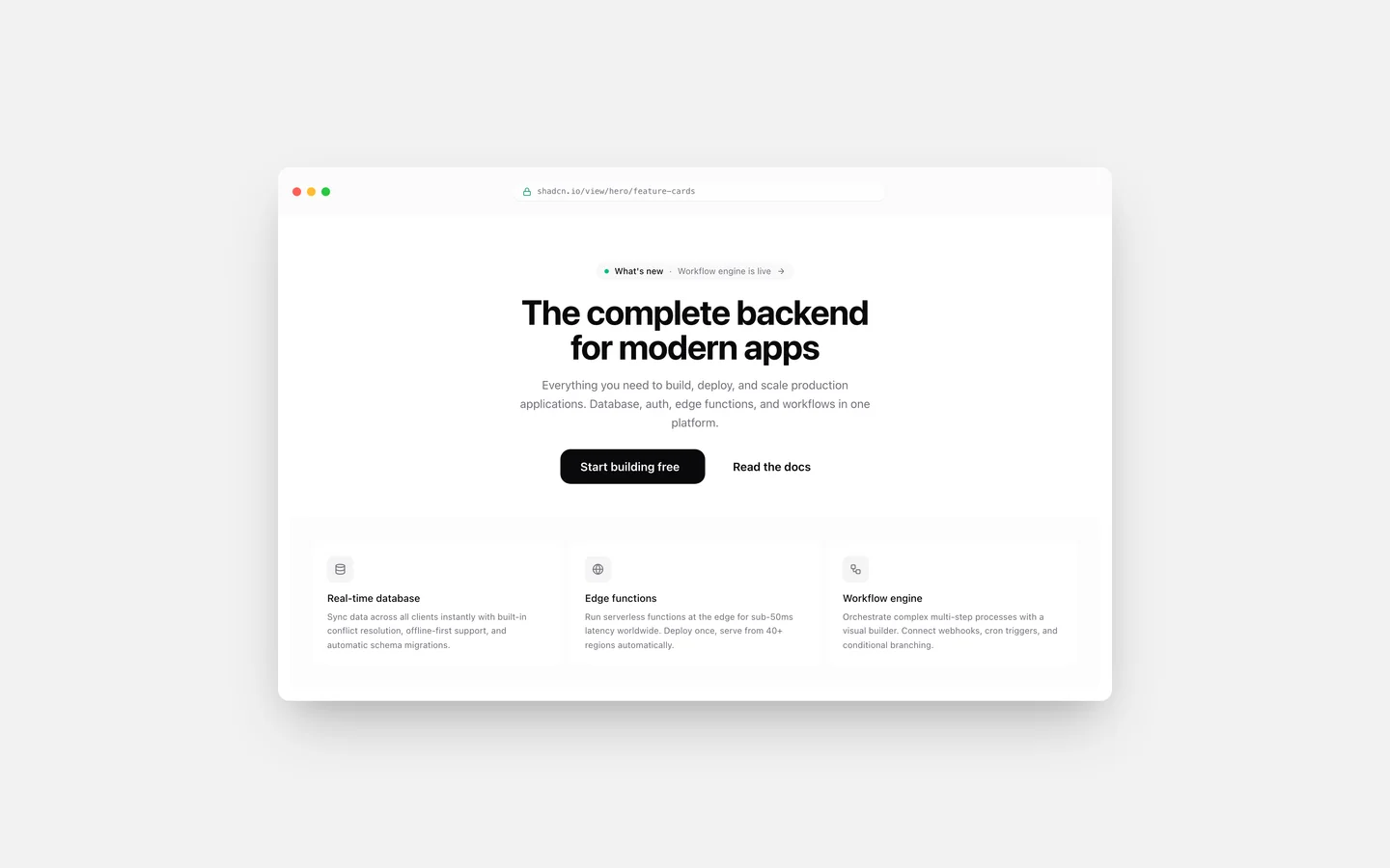 React Centered Feature Cards Grid Hero Block