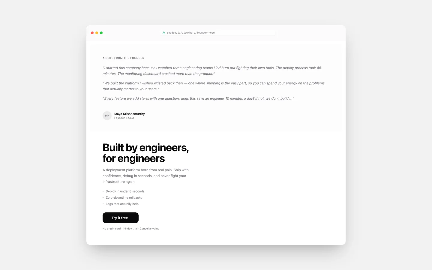 React Split Layout Founder Letter Hero Block