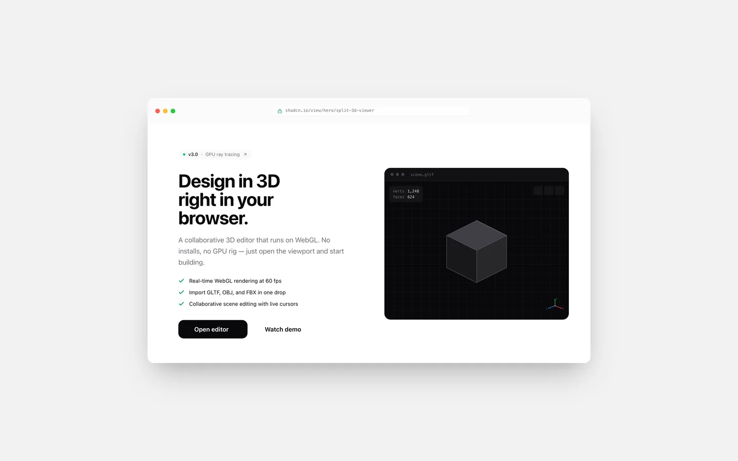 React Split Layout 3D Viewer Hero Block — Live Preview
