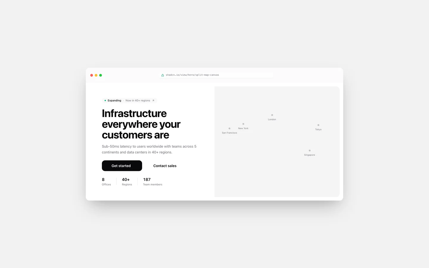 React Split Layout Map Canvas Hero Block — Live Preview
