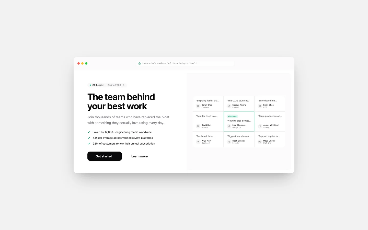 React Split Layout Social Proof Wall Hero Block