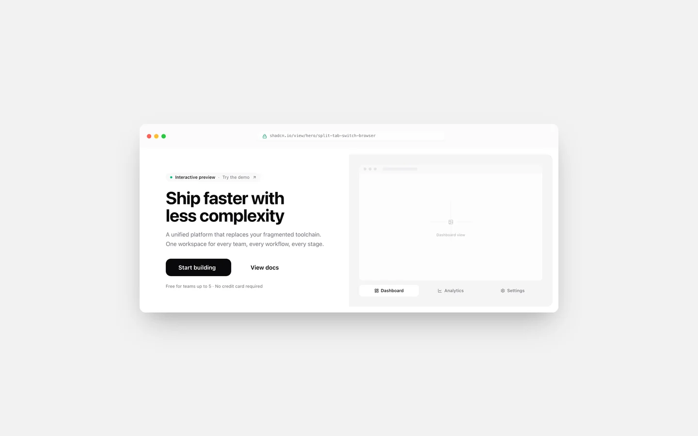 React Split Layout Tab-Switch Browser Hero Block