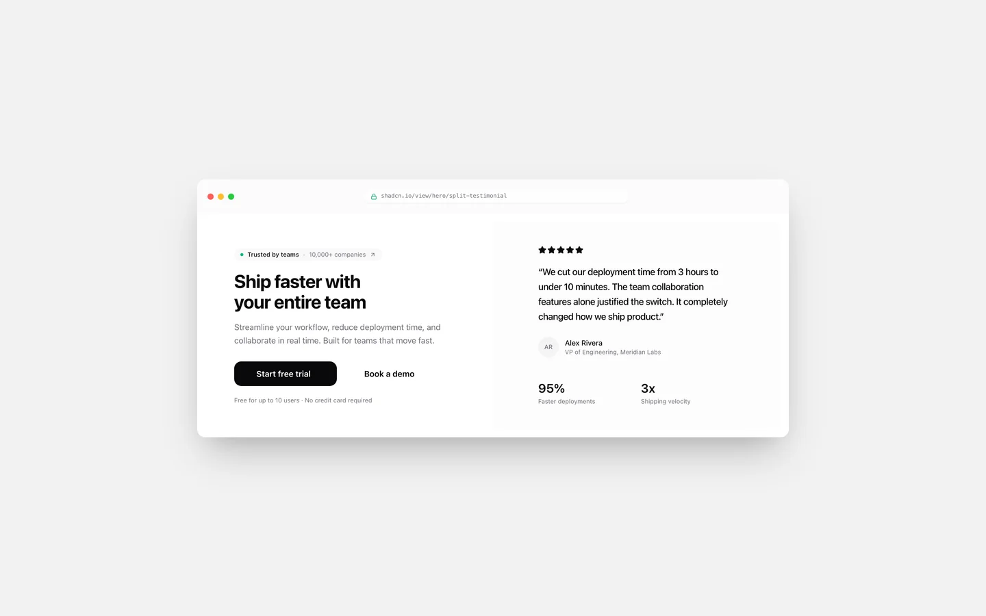 React Split Layout Testimonial Card Hero Block