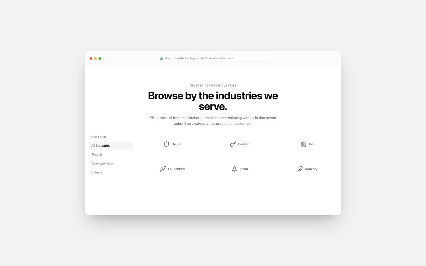 React Logos Tab Filtered Sidebar Nav Block — Live Preview